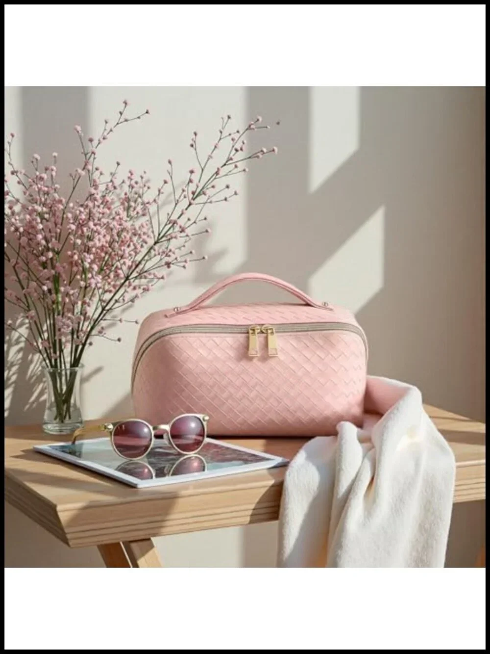 Waterproof Vegan Leather Cosmetic Bag with Brush Compartment and Handle
